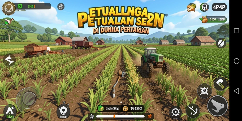 Screenshot utama 4P4P menampilkan ladang yang subur dan hewan-hewan peliharaan.