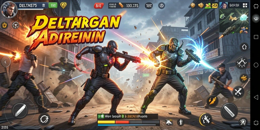 Tangkapan layar dari gameplay DELTA575 menampilkan aksi pertarungan yang intens.