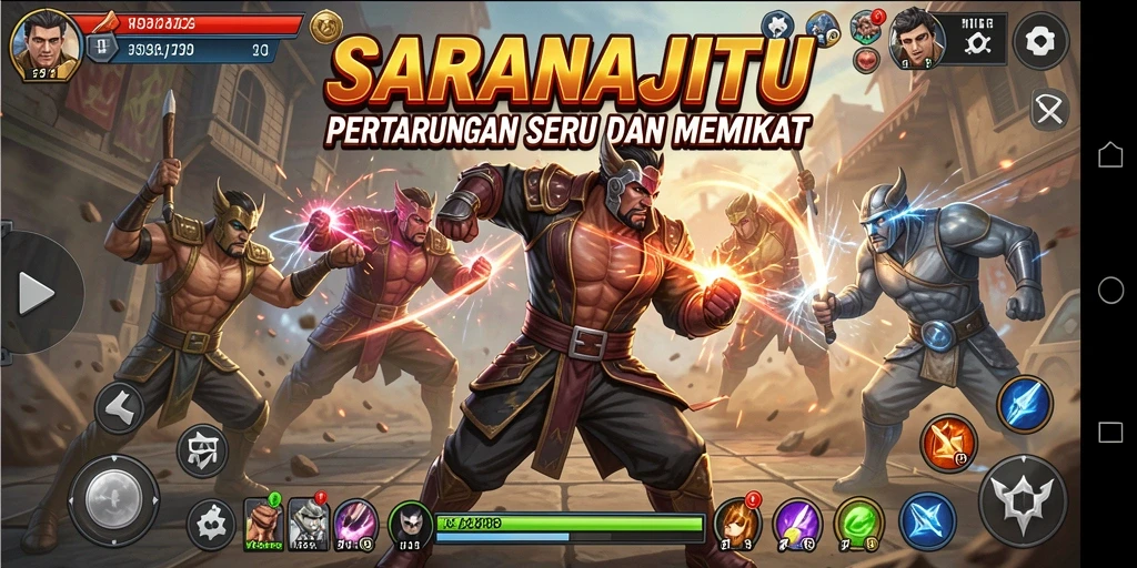 Tangkapan layar gameplay dari SARANAJITU menunjukkan pertarungan yang intens dan memukau.
