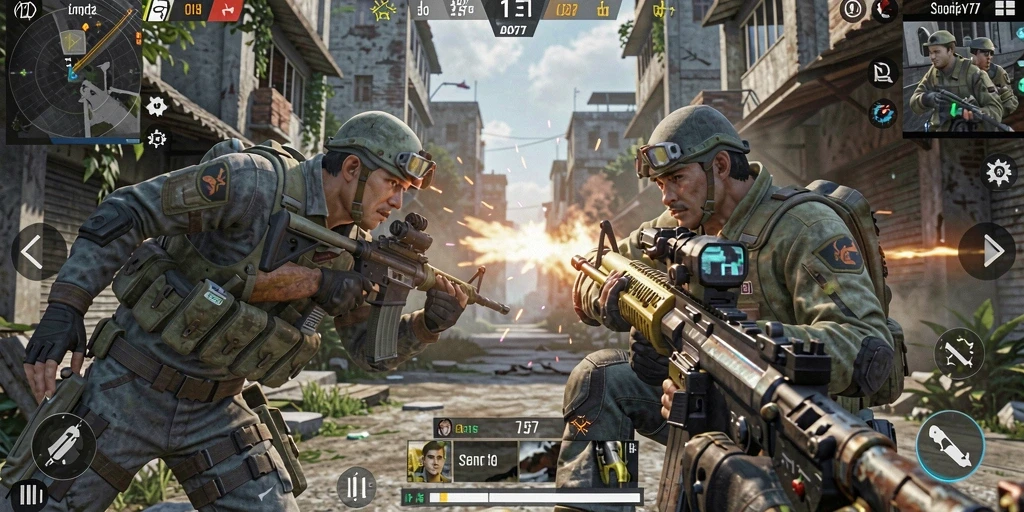 Tangkapan layar menampilkan aksi seru dalam game FPS SPY77.